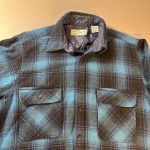 Vintage Sears Roebuck Plaid Lined Wool‎ Blend Shirt Jacket Blue Black Size Med